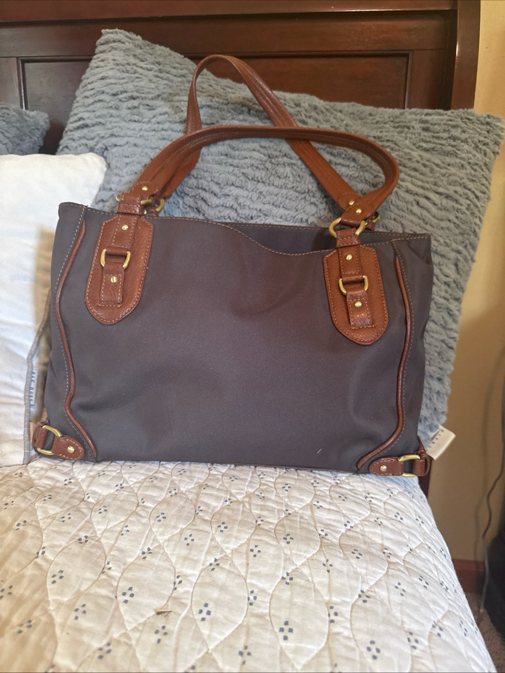 Etienne Aigner Brown Canvas and Leather Handbag Tote Bag